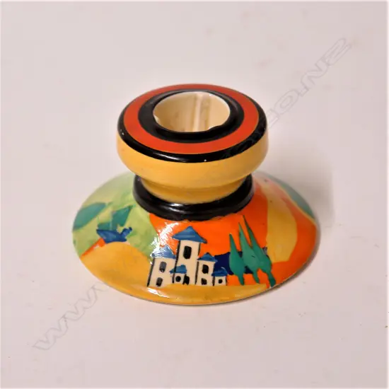 A rare Clarice Cliff applique Bizarre 'Blue Lucerne' candlestick