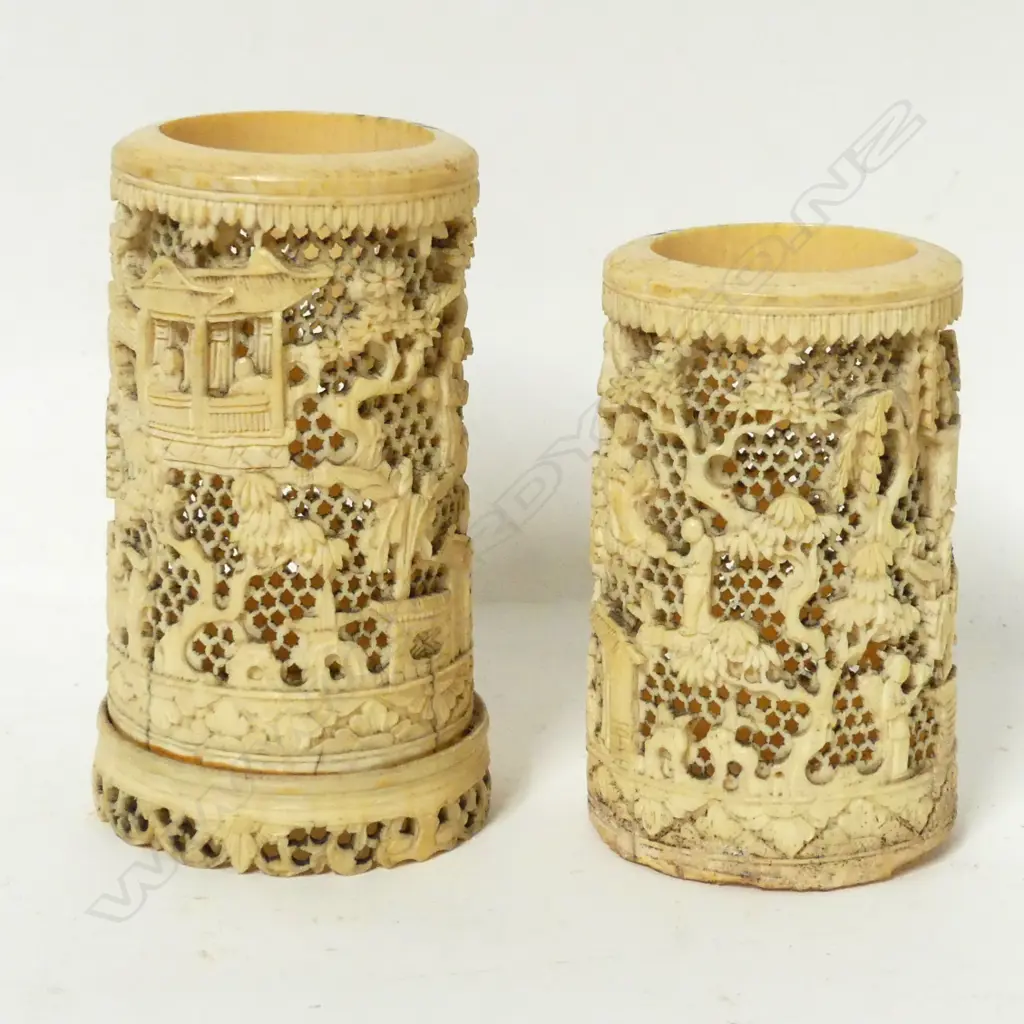 A pair of 19thC Chinese carved ivory brush pots Image 1++