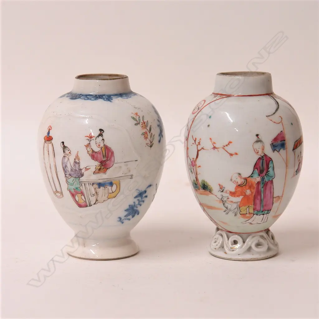 Two early 19thC European porcelain famille rose tea caddies Image 1++