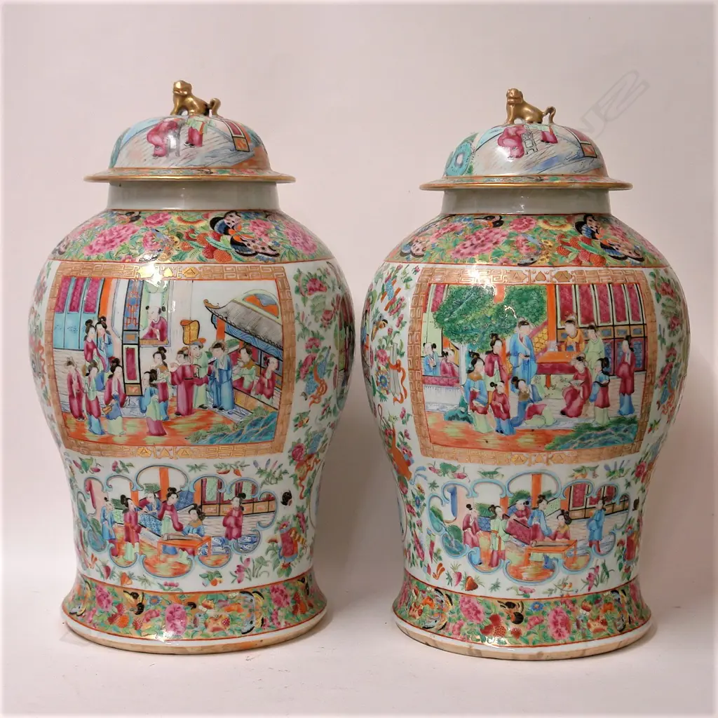 A pair of large and impressive early 19thC Canton famille rose lidded jars Image 1++