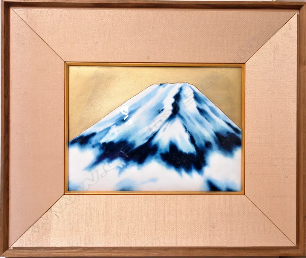 A Japanese wireless enamel rectangular plaque depicting the upper slopes of Mount Fuji Image 1++