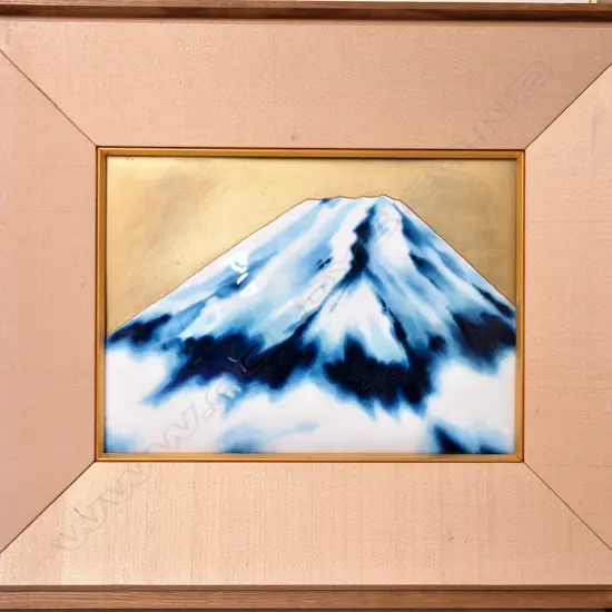 A Japanese wireless enamel rectangular plaque depicting the upper slopes of Mount Fuji