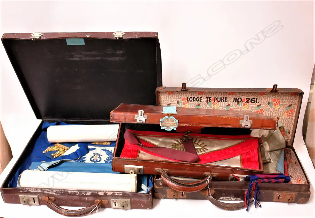 Three Masonic leather cases including elaborate sashes Image 1++