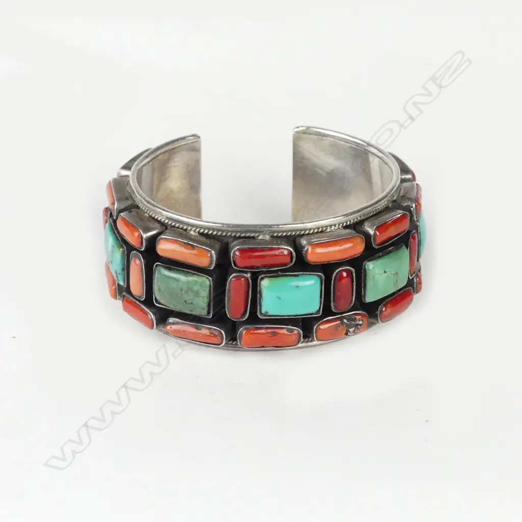A vintage Afghani silver coral and turquoise cuff bangle Image 1++