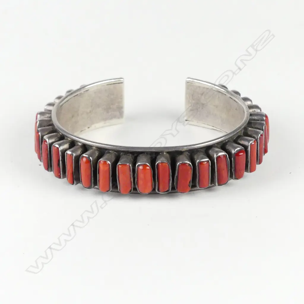 A vintage Afghani silver and red coral mounted cuff bangle Image 1++