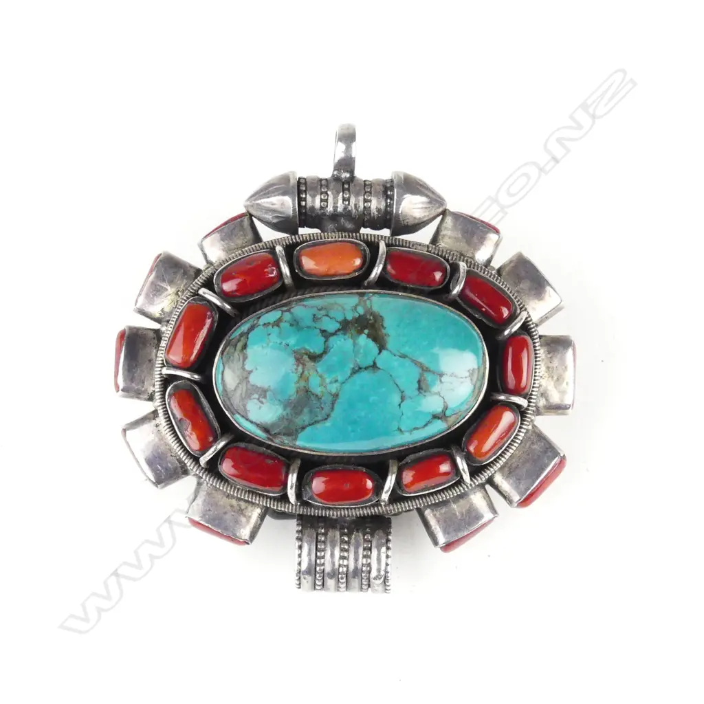 A vintage Afghani silver red coral and turquoise large pendant Image 1++