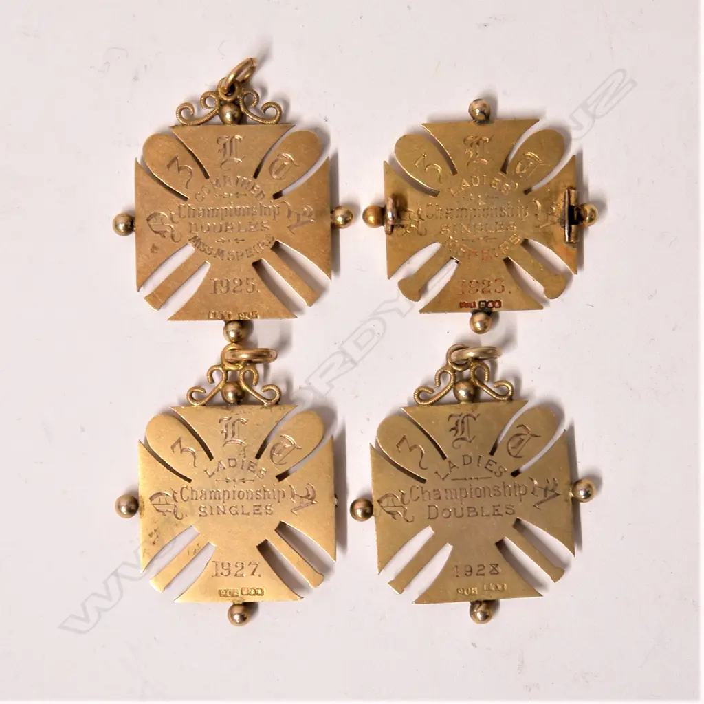 Four 1920s N.Z. gold tennis prize medallions and others awarded to Miss M. Speirs Image 1++