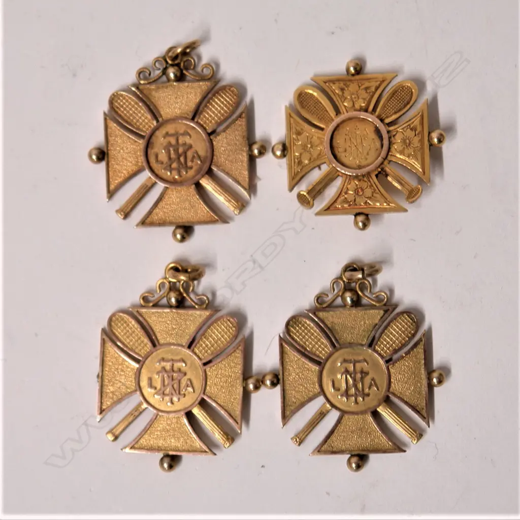 Four 1920s N.Z. gold tennis prize medallions and others awarded to Miss M. Speirs Image 1++