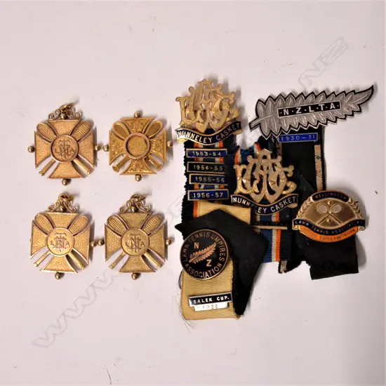 Four 1920s N.Z. gold tennis prize medallions and others awarded to Miss M. Speirs