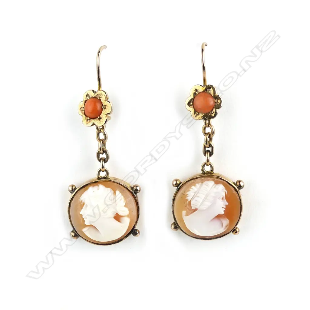 A pair of Edwardian 9ct. rose gold cameo coral and seed pearl drop earrings Image 1++