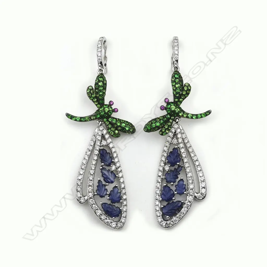 A pair of 18ct white gold diamond and gemstone set earrings Image 1++