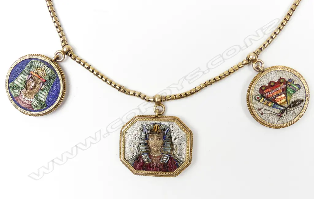An impressive quality 19thC Grand Tour micro-mosaic and gold multi-pendant necklace Image 1++