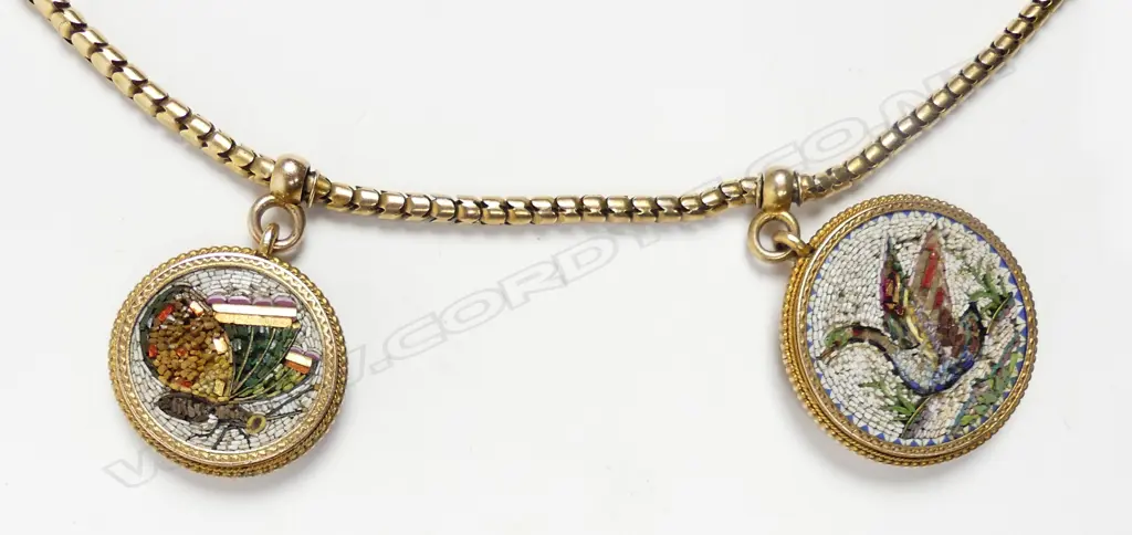 An impressive quality 19thC Grand Tour micro-mosaic and gold multi-pendant necklace Image 1++
