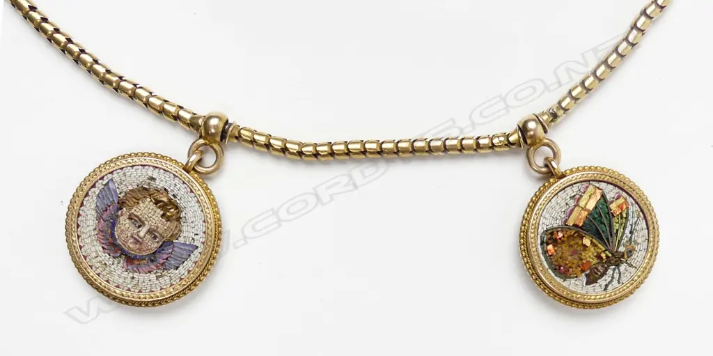 An impressive quality 19thC Grand Tour micro-mosaic and gold multi-pendant necklace Image 1++