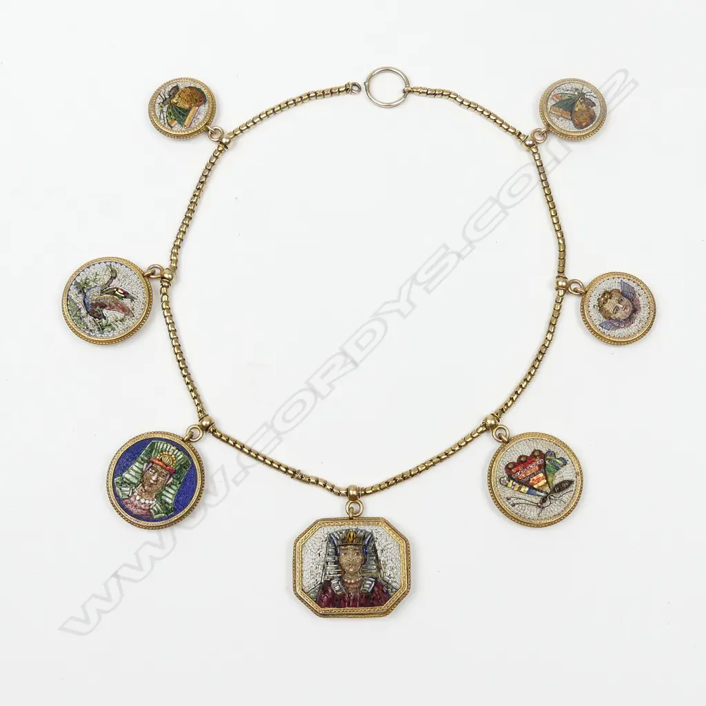 An impressive quality 19thC Grand Tour micro-mosaic and gold multi-pendant necklace Image 1++