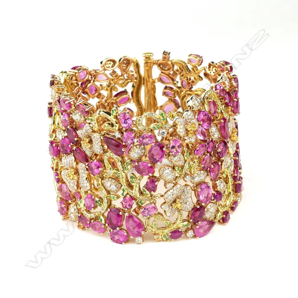 A lady's spectacular 18ct. yellow gold rubellite diamond and precious stone bracelet Image 1++