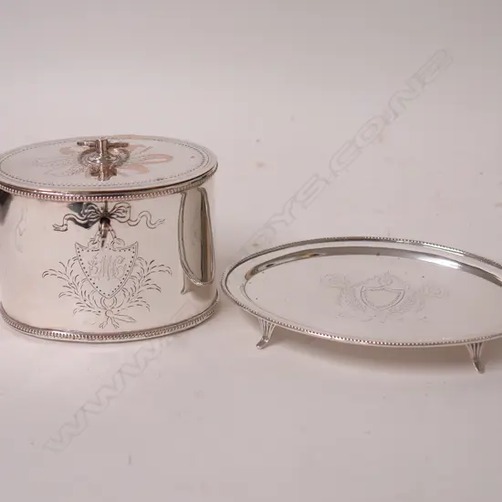 A 19thC silver plate tea caddy and teapot stand