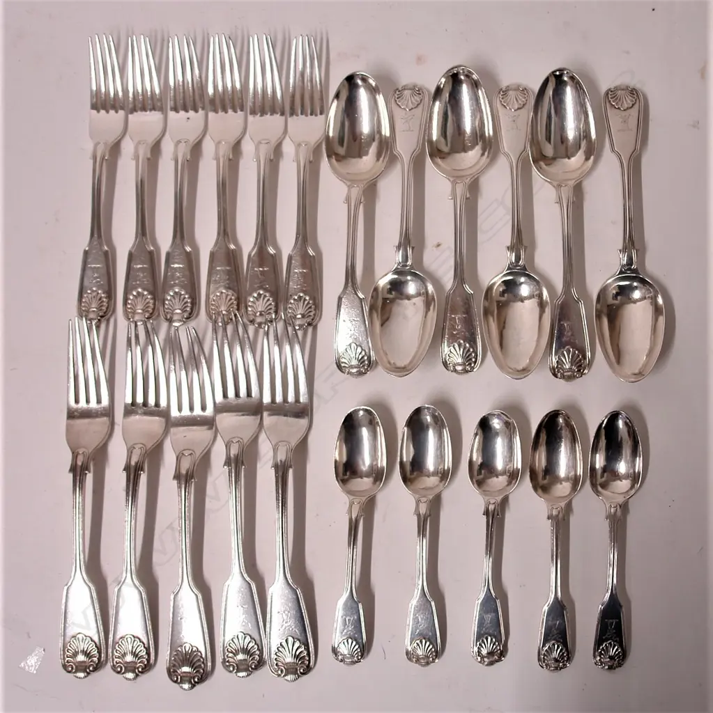 A 19thC Indian silver fiddle thread and shell pattern part cutlery service by Charles Nephew & Co. Image 1++
