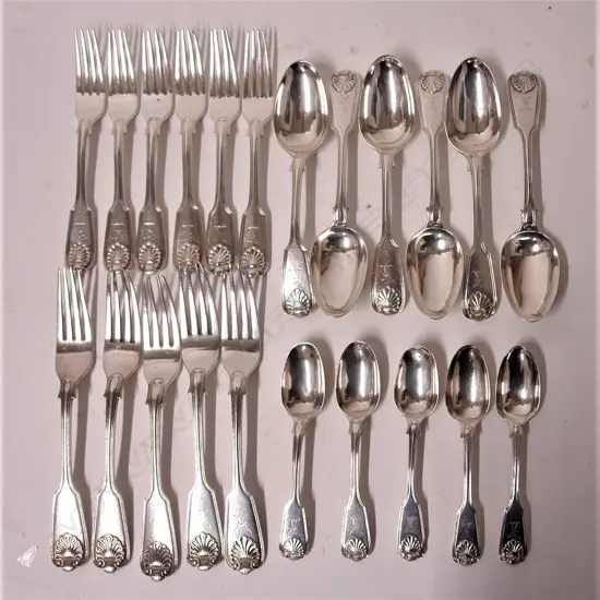 A 19thC Indian silver fiddle thread and shell pattern part cutlery service by Charles Nephew & Co.