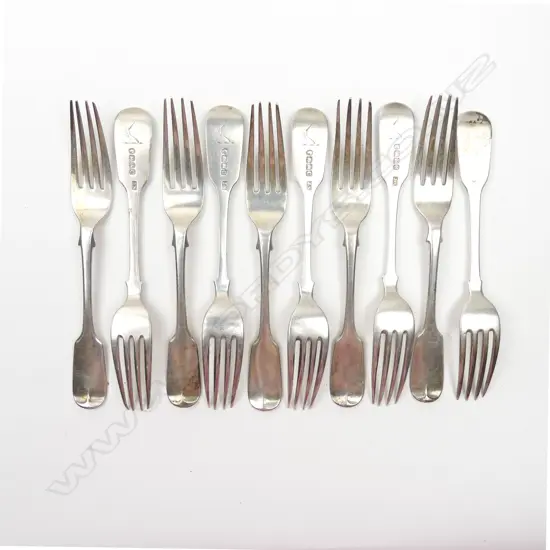 A set of nine (plus one) Victorian silver table forks