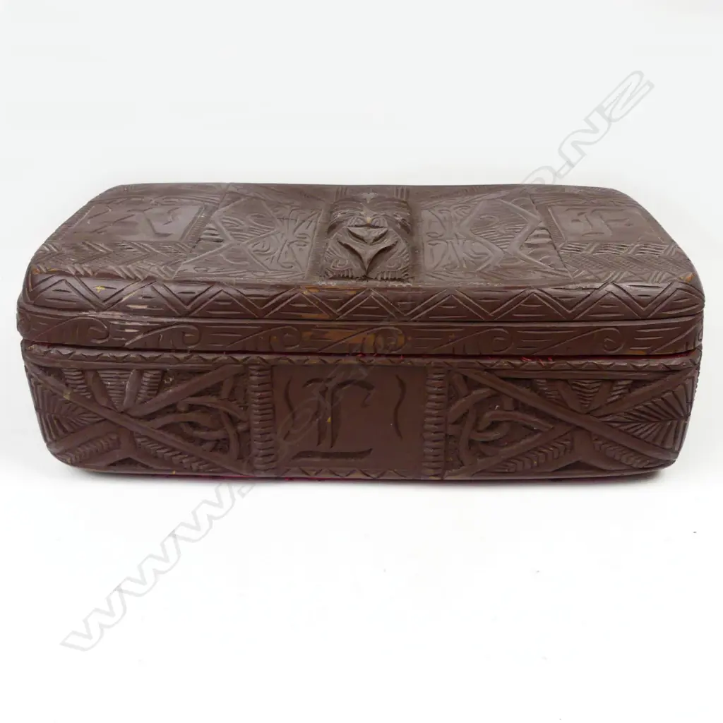 A 1930/40s New Zealand Maori carved treasure box of rectangular form Image 1++
