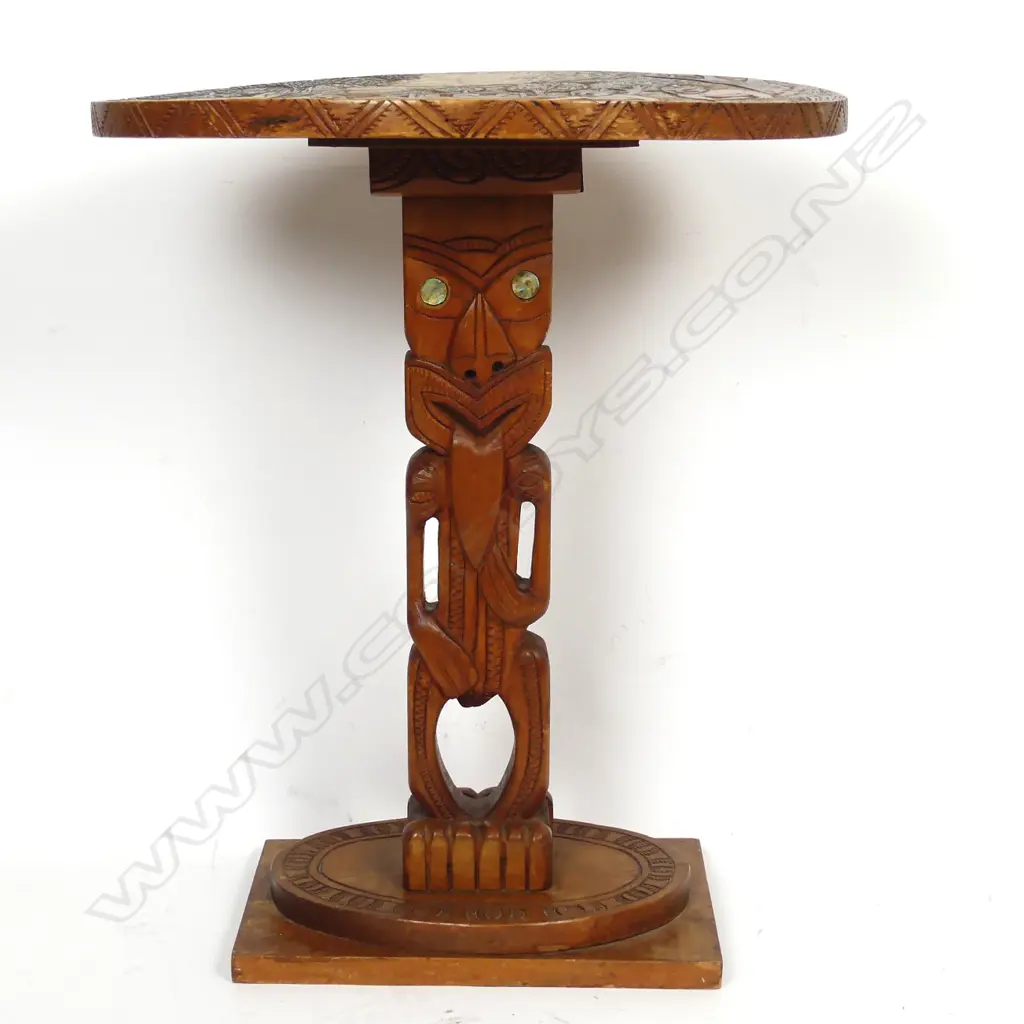Jane Brenkley folk art carved Maori scenic pedestal side table Image 1++