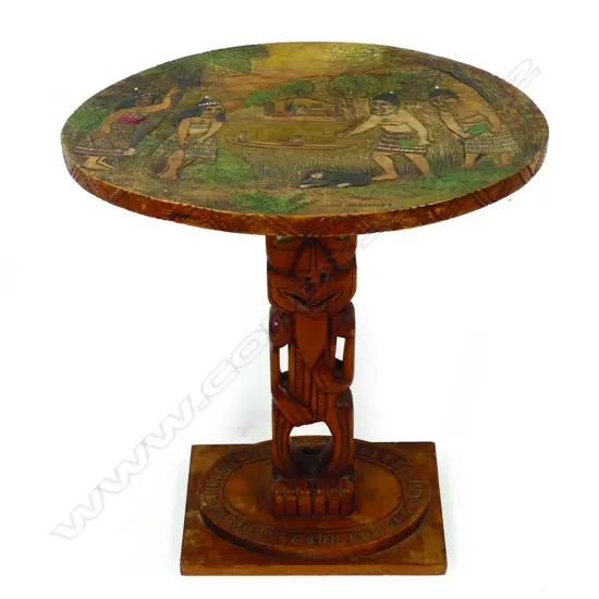 Jane Brenkley folk art carved Maori scenic pedestal side table