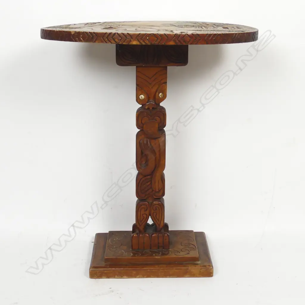 Jane Brenkley folk art carved Maori design pedestal side table Image 1++