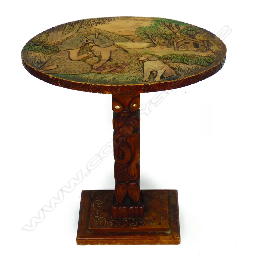 Jane Brenkley folk art carved Maori design pedestal side table Image 1++