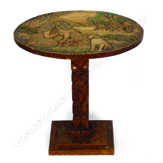 Jane Brenkley folk art carved Maori design pedestal side table