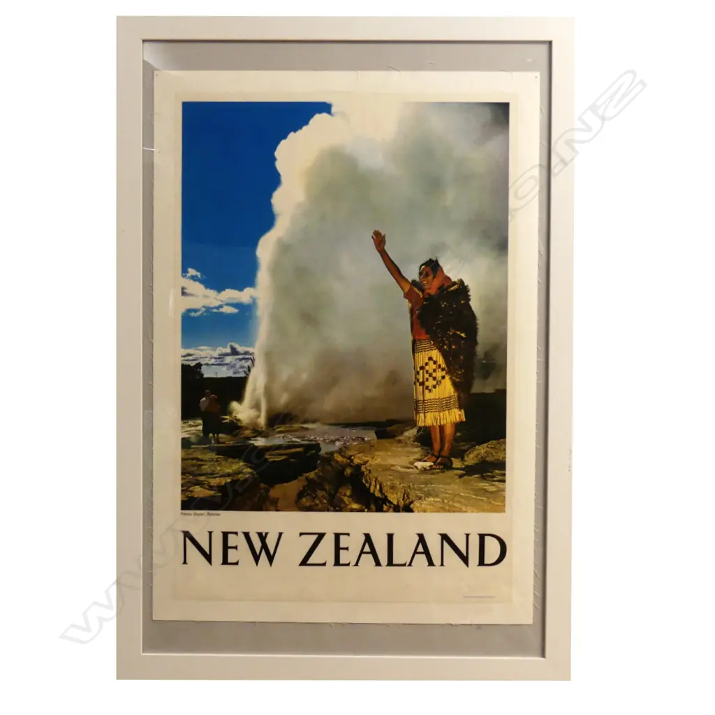 A vintage New Zealand tourist poster 'Guide Rangi - Pohutu Geyser Image 1++