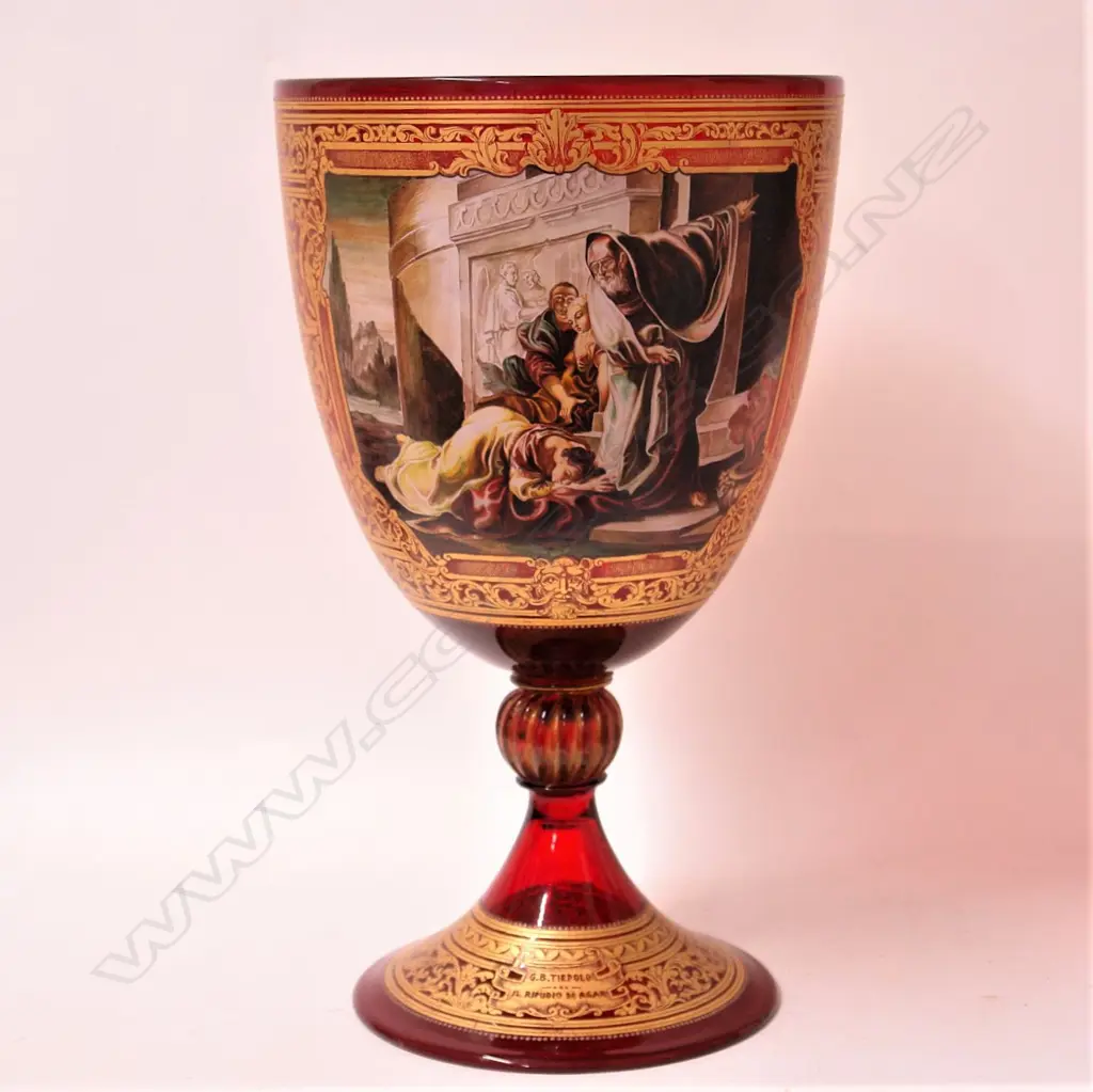 A large and impressive Venetian hand painted and gilded ruby glass goblet Image 1++
