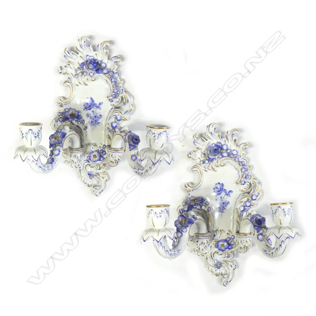 A pair of Schierholtz Dresden porcelain rococo wall sconces Image 1++
