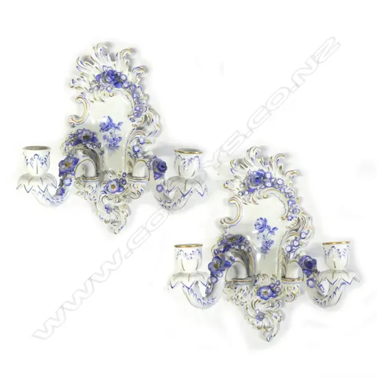 A pair of Schierholtz Dresden porcelain rococo wall sconces