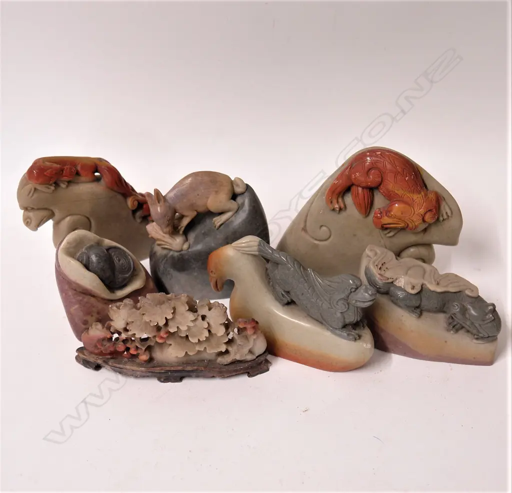 Seven vintage Chinese carved coloured soapstone sculptures Image 1++