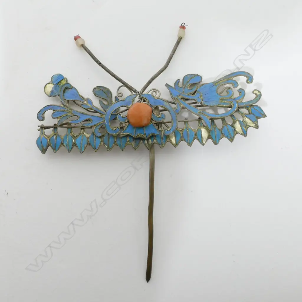 Four 19thC Chinese Kingfisher feather jewelled and gilt jewellery items Image 1++