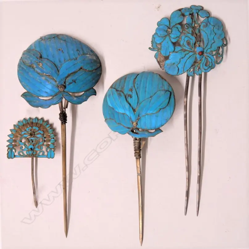 Four 19thC Chinese Kingfisher feather jewelled hair pins Image 1++