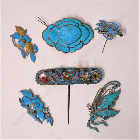Six 19thC Chinese Kingfisher jewellery items