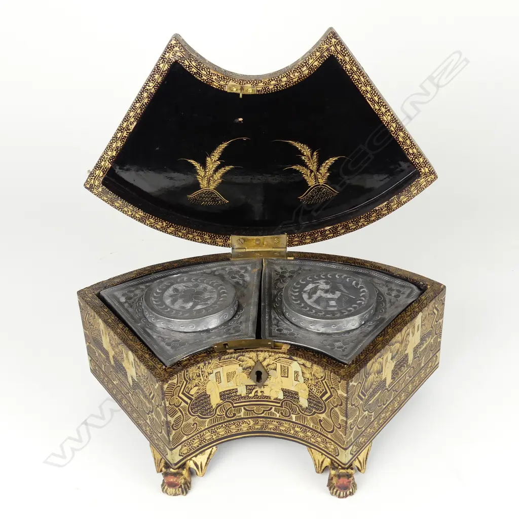 A Chinese black lacquer tea caddy of semi-circular shape Image 1++