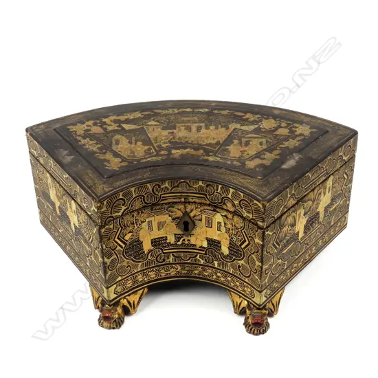 A Chinese black lacquer tea caddy of semi-circular shape