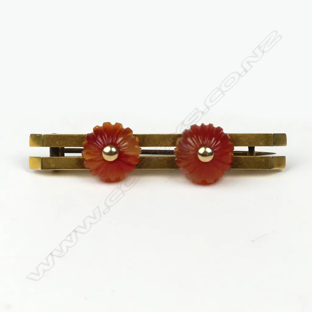 A N.Z. colonial 'Levy & Son' 9ct. gilded yellow gold and agate double bar brooch Image 1++