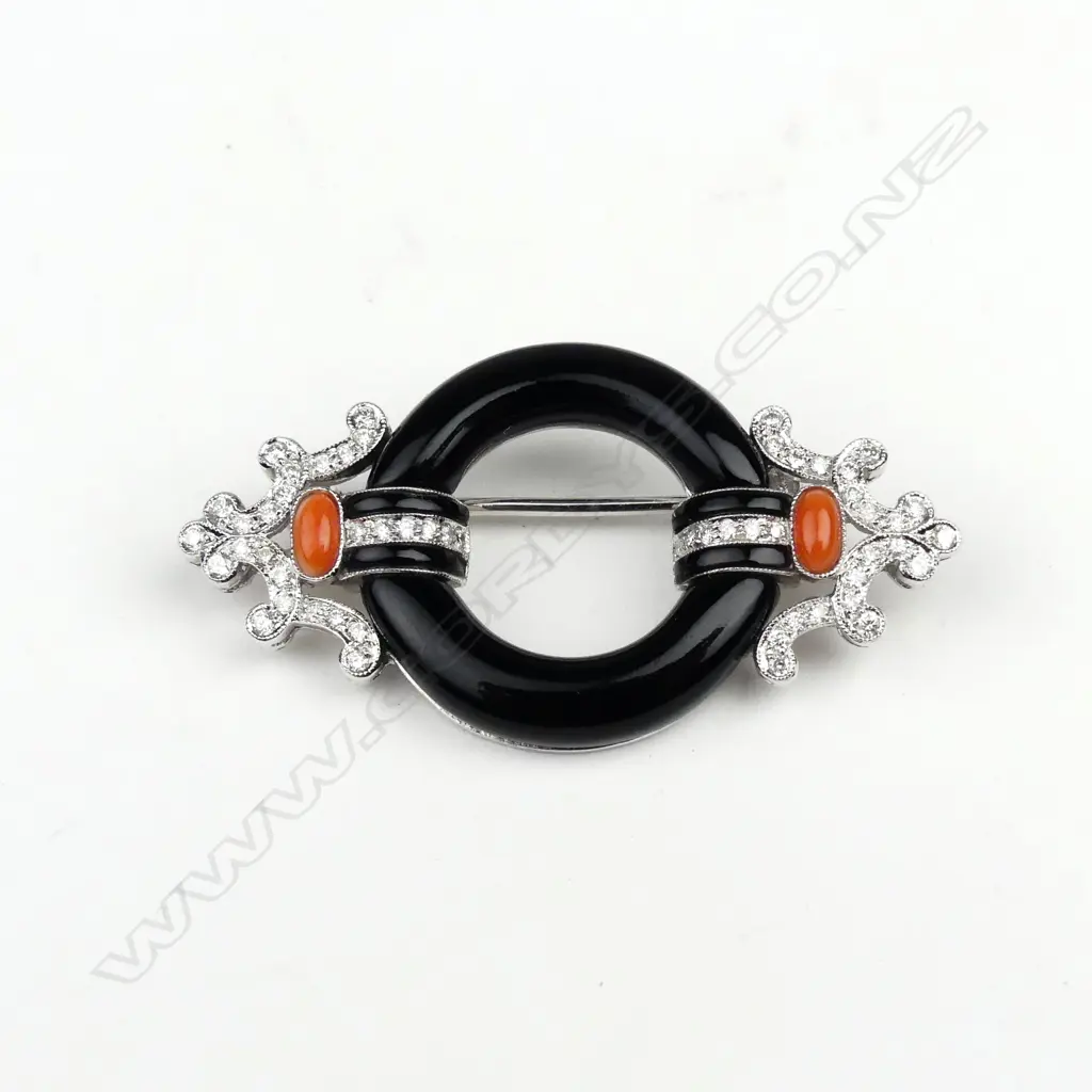 An 18ct white gold diamond chalcedony and coral Art Deco style brooch Image 1++