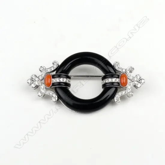 An 18ct white gold diamond chalcedony and coral Art Deco style brooch