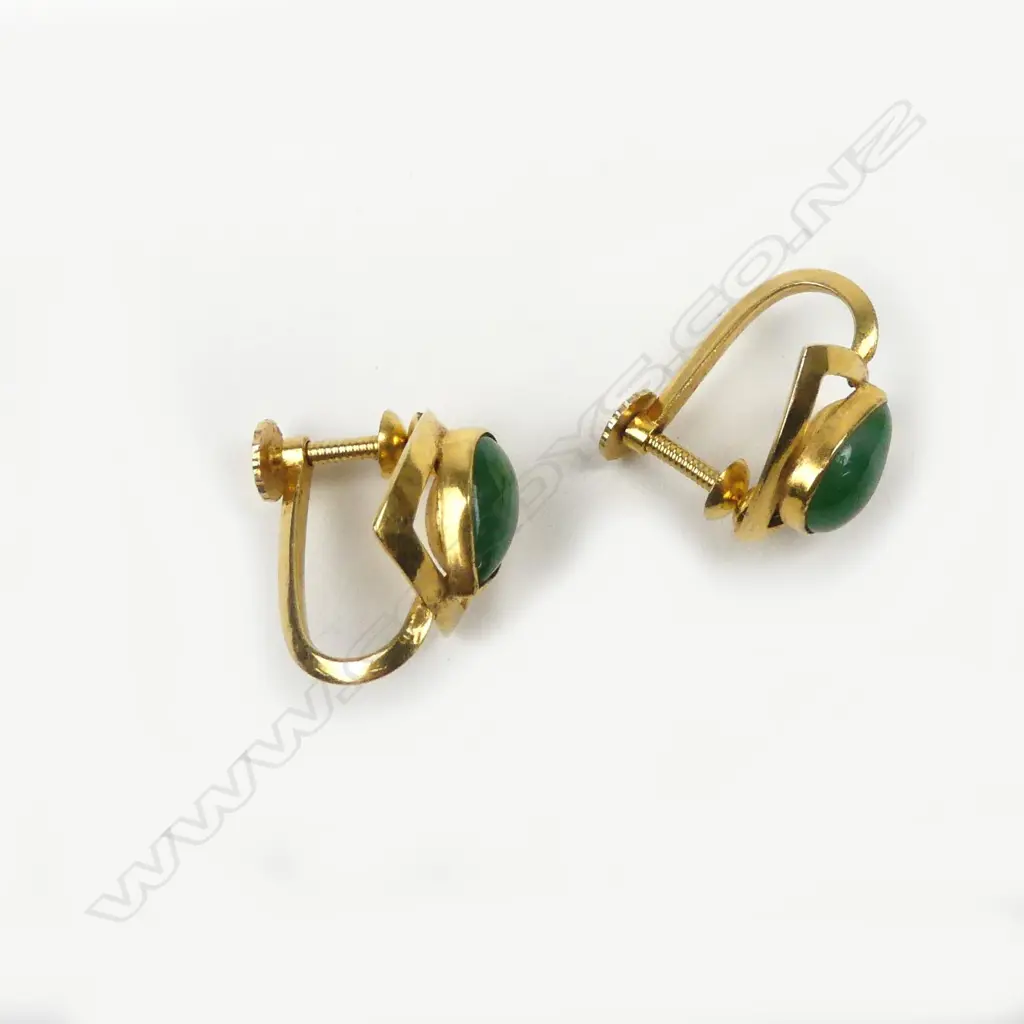 A pair of 14ct. yellow gold and jadeite earrings Image 1++