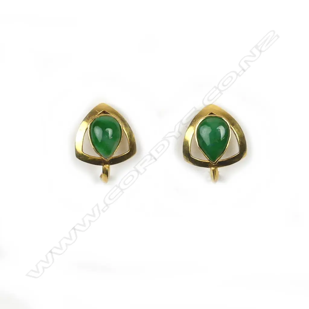 A pair of 14ct. yellow gold and jadeite earrings Image 1++