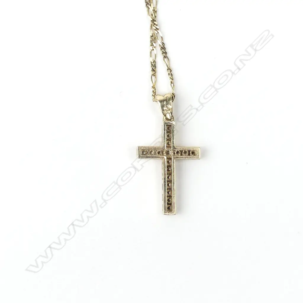 A vintage 9ct. yellow gold and diamond set cross on gold chain Image 1++