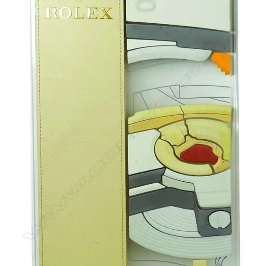 A c.1990s Rolex stitched leather hard rubber and Perspex shop display sign