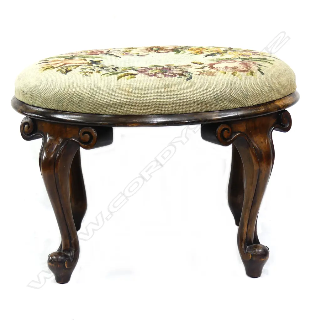 A c.1900 heavy scroll leg tapestry topped stool Image 1++