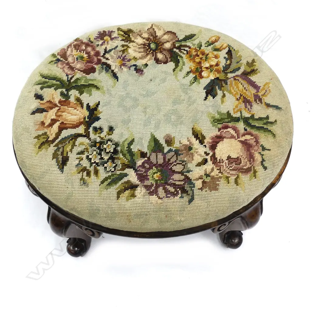 A c.1900 heavy scroll leg tapestry topped stool Image 1++