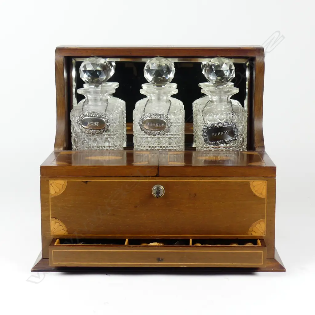 An Edwardian Sheraton revival mahogany games tantalus Image 1++